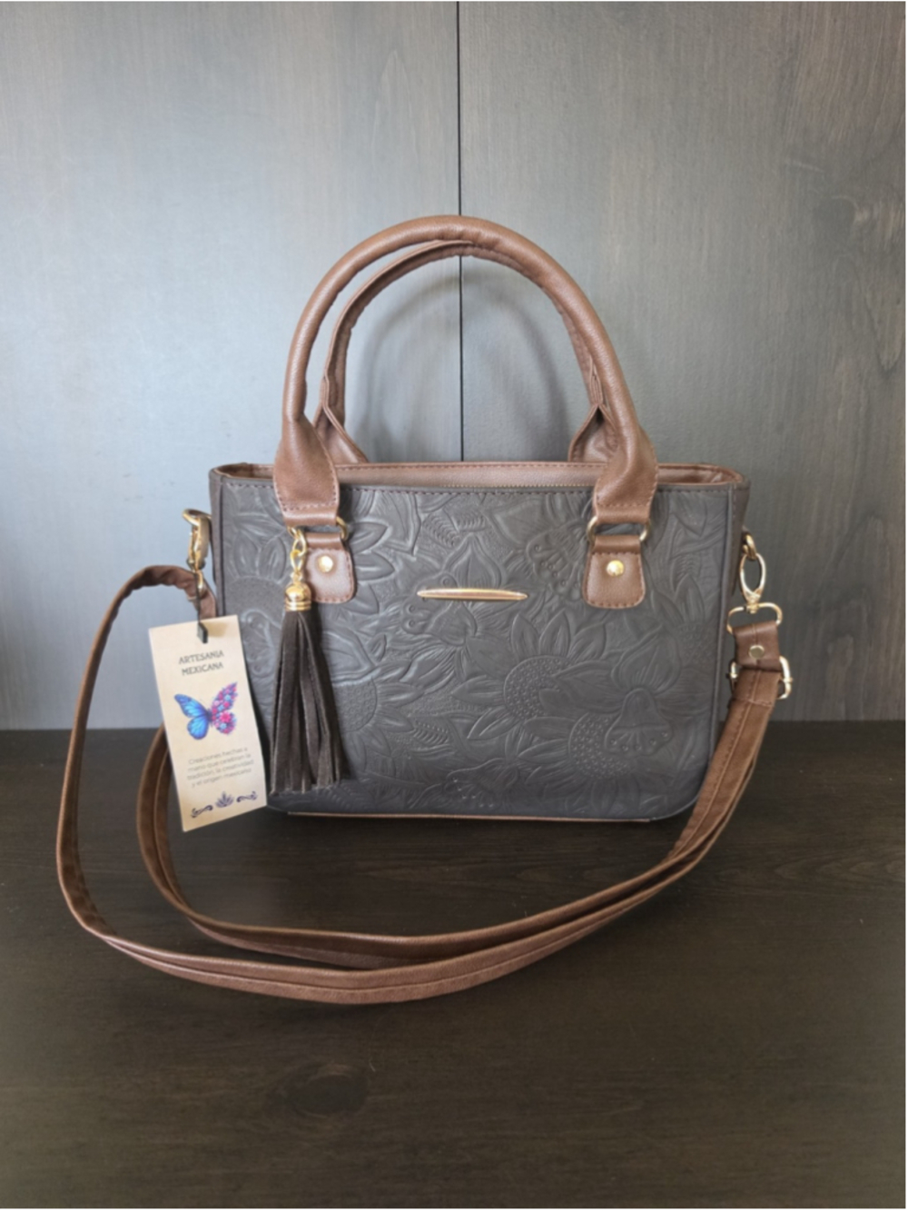 Dark Brown Tasseled Floral Embossed Tooled Artisan LEATHER Crossbody Purse Bag - Picture 13 of 16